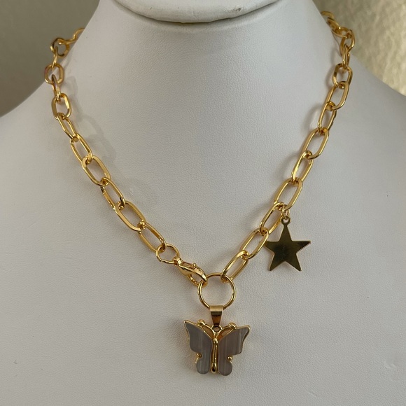 Taupe crystal butterfly & star charm paperclip gold tone necklace - Picture 7 of 8